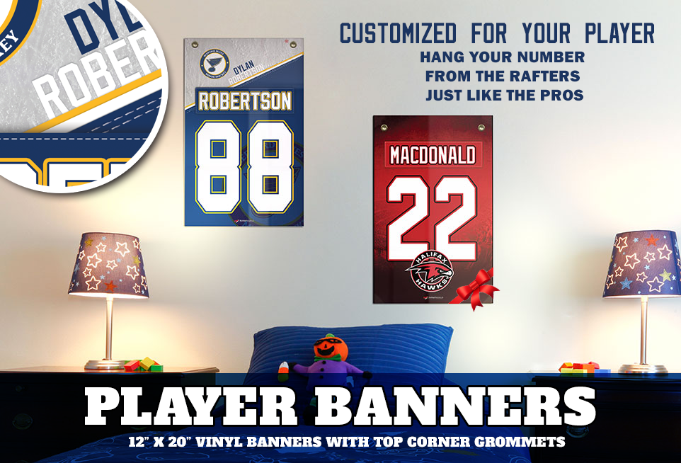 Cutom Rafter Banner Personalized Custom Player Rafter Banners – Hockey Banners
